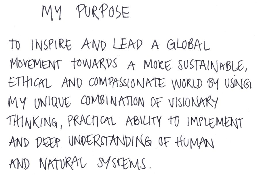 Handwritten card, My purpose: To inspire and lead a global movement towards a more sustainable, ethical and compassionate world by using my unique combination of visionary thinking, practical ability to implement and deep understanding of human and natural systems.