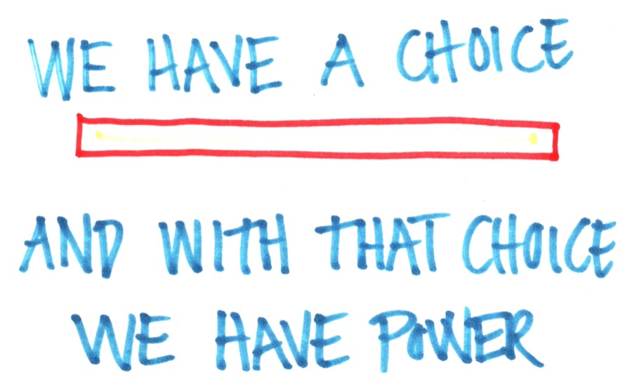 Håndskrevet kort med blå tusch: We have a choice — and with that choice we have power.