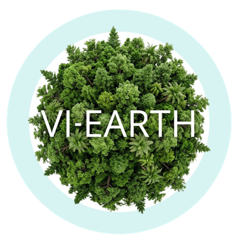 Vi-Earth-logoet: en klode af skov med ordet VI-EARTH i en lys aqua ring.